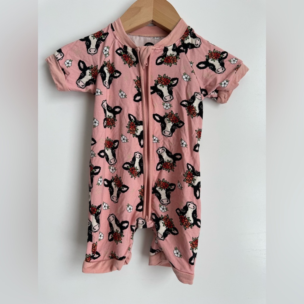 River Babe Thread Bamboo 6-12 months one piece Cozy pink farm cow floral play‎